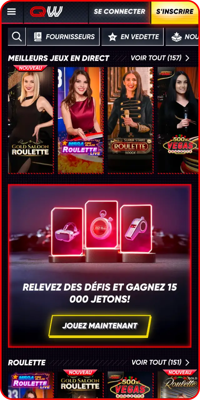 Explorez l'interface d'accueil intuitive sur l'application Quickwin pour mobiles.