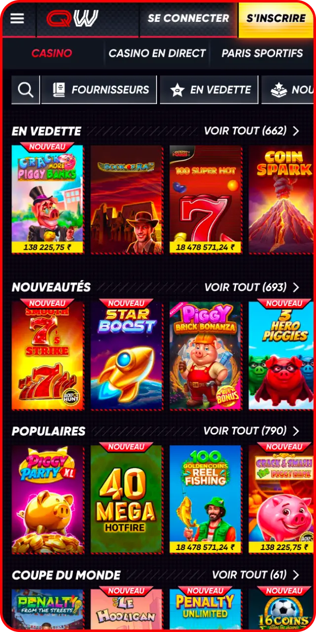 Accédez aux meilleurs jeux de casino via l'application Quickwin.