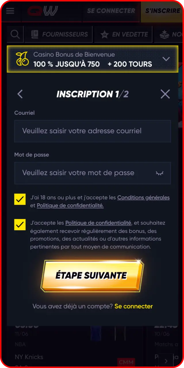 Créez un compte joueur rapidement depuis l'application Quickwin.