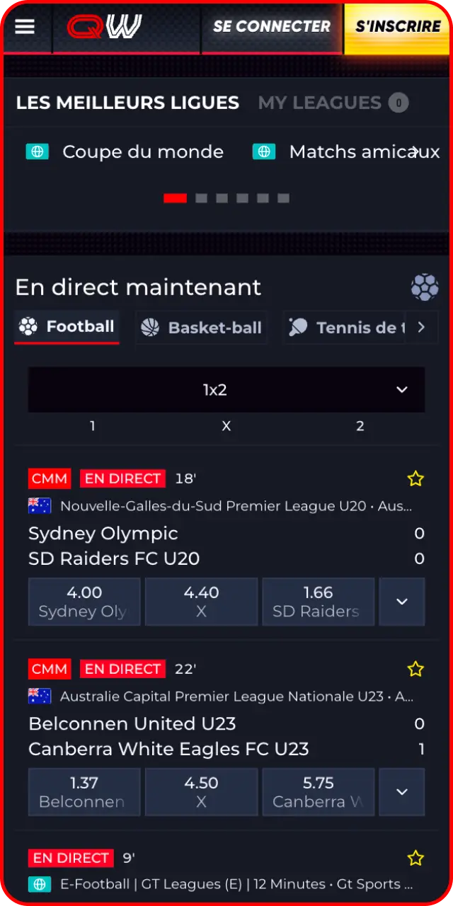 Placez vos paris sportifs en direct depuis l'application Quickwin.