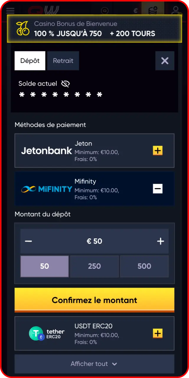 Approvisionnez votre compte de jeu pour débloquer instantanément le montant du bonus Quickwin.