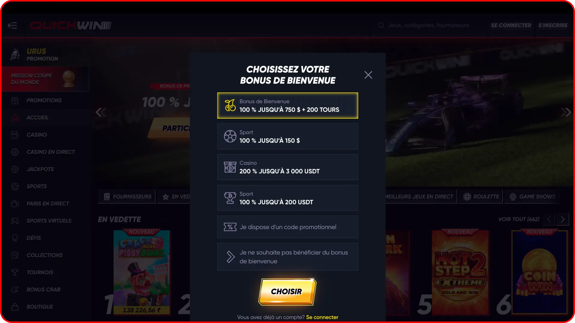 Sélectionnez l'offre de départ qui vous convient et choisissez un bonus de bienvenue Quickwin.