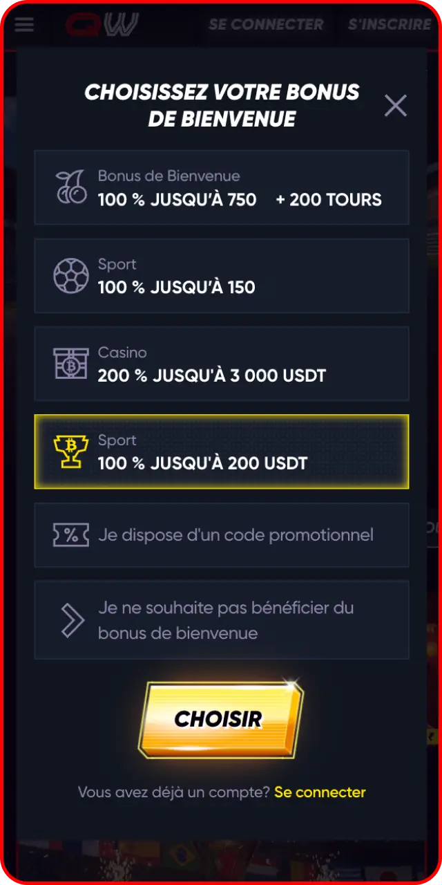 Parcourez les offres promotionnelles mobiles et choisissez le bonus de bienvenue sur Quickwin.