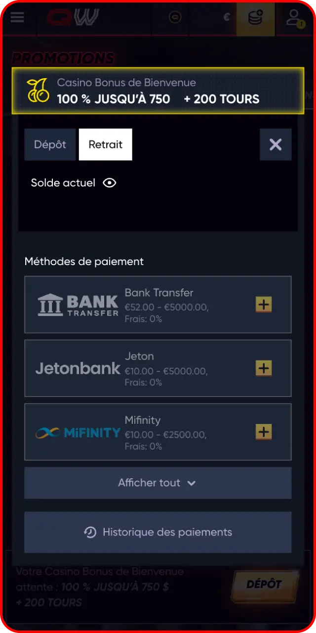 Indiquez le montant que vous souhaitez récupérer et effectuez le retrait directement sur Quickwin.