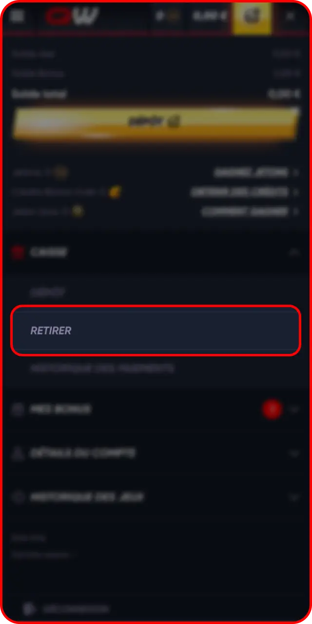 Naviguez dans le menu du profil utilisateur et ouvrez la page de retrait sur Quickwin mobile.