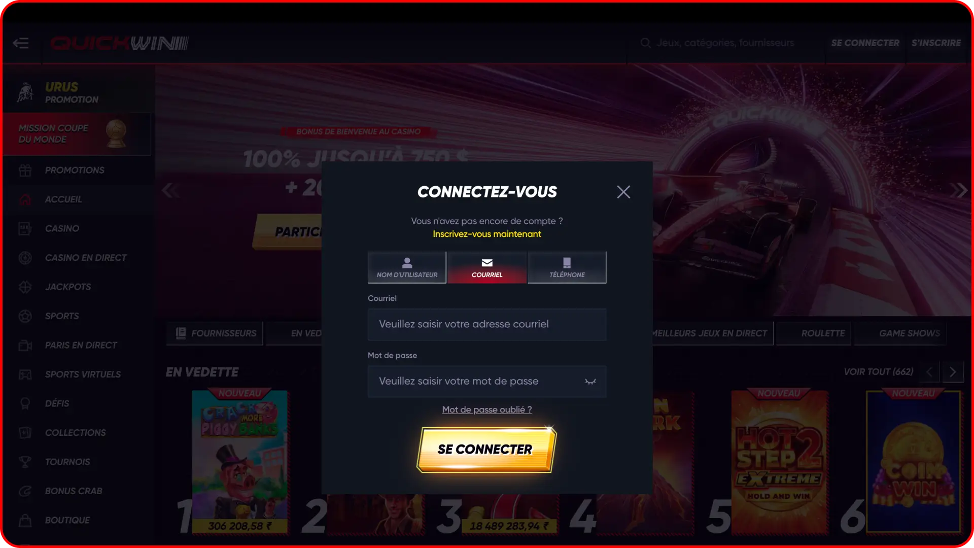 Renseignez vos identifiants de connexion et connectez-vous à votre compte de jeu Quickwin.