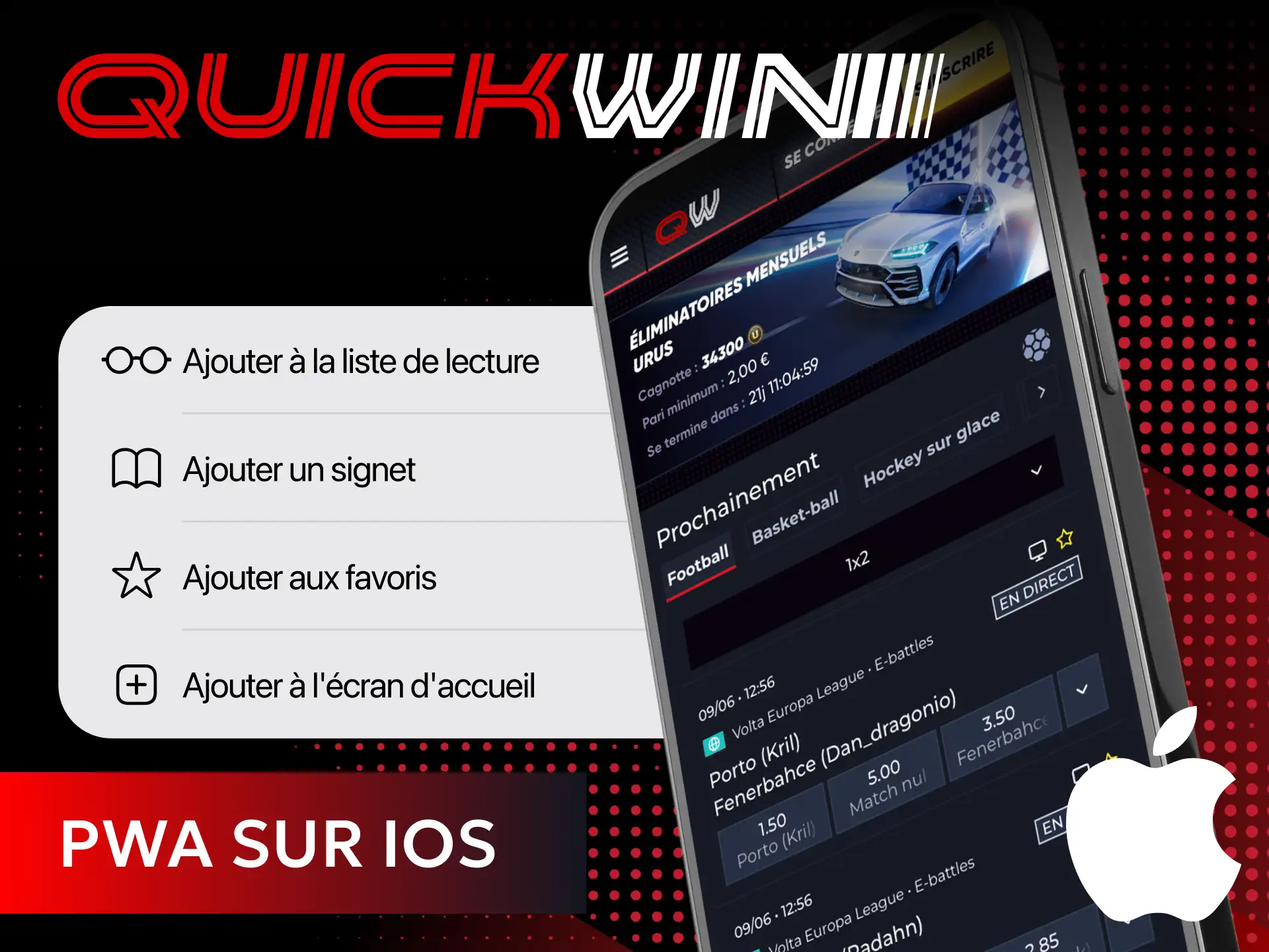 Suivez les étapes d'installation pour configurer le sportsbook Quickwin au format PWA sur iOS.
