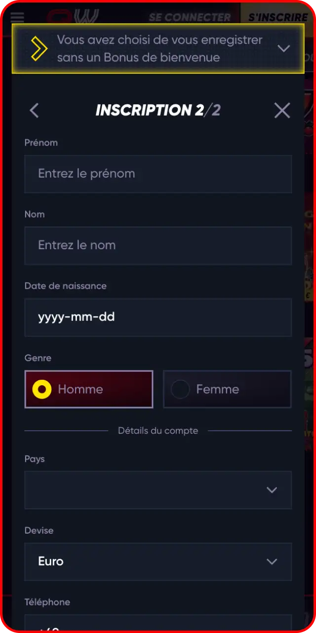 Créez votre profil d'utilisateur et inscrivez-vous sur la plateforme de paris Quickwin.