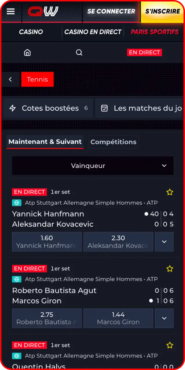 Parcourez les disciplines disponibles en ligne et ouvrez le sportsbook officiel de Quickwin.